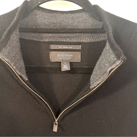 Nordstrom Mens Shop Black Sweater Size L Merino Wool Qtr Zip Pullover Classic - Picture 3 of 8